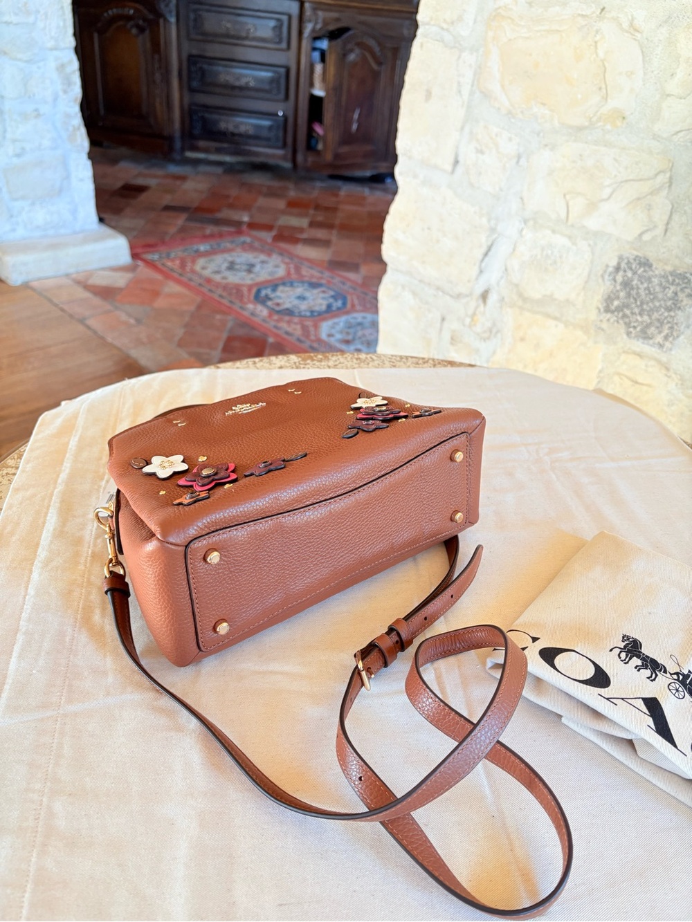 Coach Brown Leather Satchel with Floral Appliqués - Picture 8 of 10